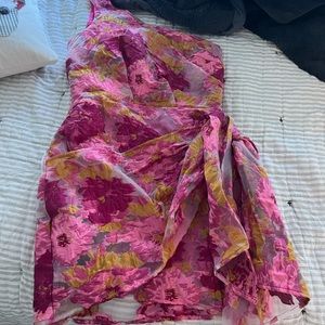 Showpo BRAILEY MINI DRESS - ONE SHOULDER WRAP FRONT IN PINK JACQUARD